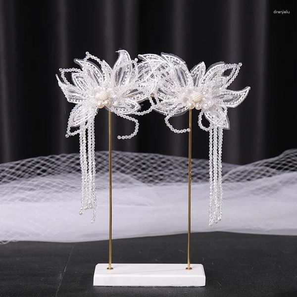 Fermagli per capelli 2 pezzi Fiori bianchi Perle Accessori da sposa da sposa Diademi con nappe fatti a mano Fascia per gioielli da donna in colore argento