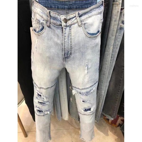 Jeans masculinos 2023 luz azul divisão linha rasgada retalhos jean streetwear magro estiramento denim calça cônica homens motocicleta