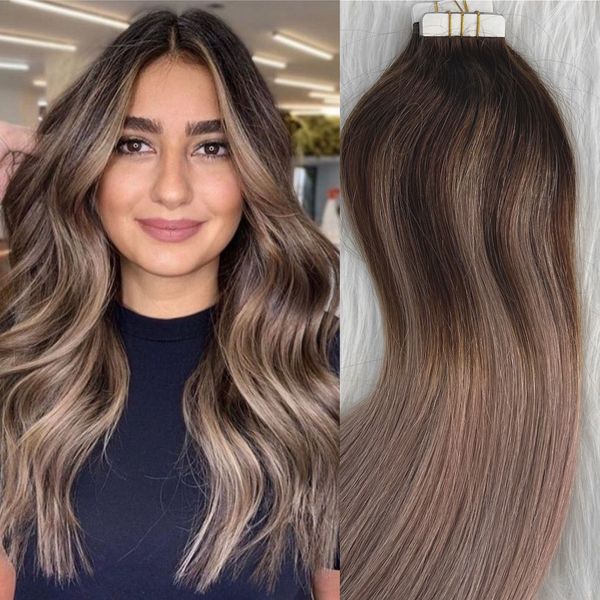 Лента в наращивании волос Ombre Human Hair Brown to Ash Blonde Balayage Невидимая лента усылки кожи в расширении 100 г/40 шт.