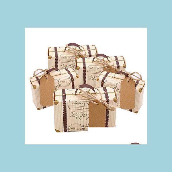 Confezioni regalo Mini valigia Bomboniera Sacchetto di caramelle Carta kraft vintage con etichette Spago di juta per feste a tema da viaggio Addio al nubilato Dhsfe