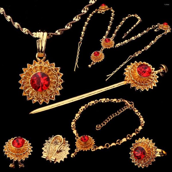 Collana orecchini set lusso placcato oro nuziale per le donne etiope corda rossa pendente tornante braccialetto anello regalo di nozze