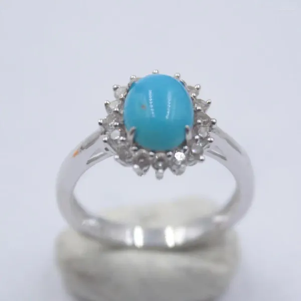 Cluster Anéis Natural Azul Turquesa Anel Feminino S925 Sterling Silver Diamond para Presentes do Dia da Deusa US 7-10 Charme