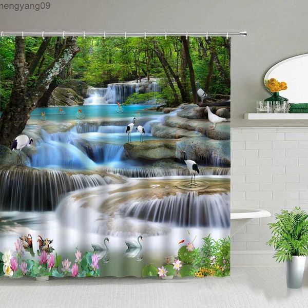 Tende da doccia Cascata Paesaggio primaverile Tenda da doccia impermeabile Fiore Pianta Scenario Bagno Decor Sfondo Muro Tenda di stoffa con R231114