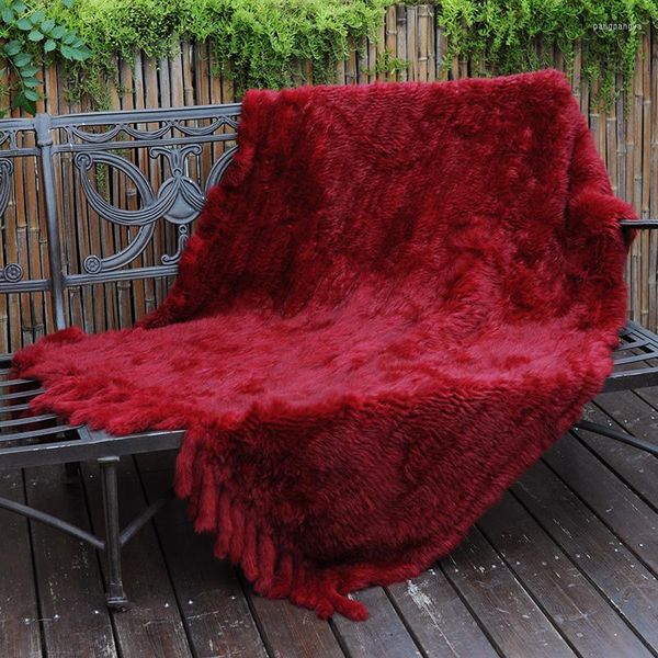 Decken CX-D-20C Benutzerdefinierte Größe und Farbe Handgemachte Echtpelz-Strickdecke mit Fransenüberwurf