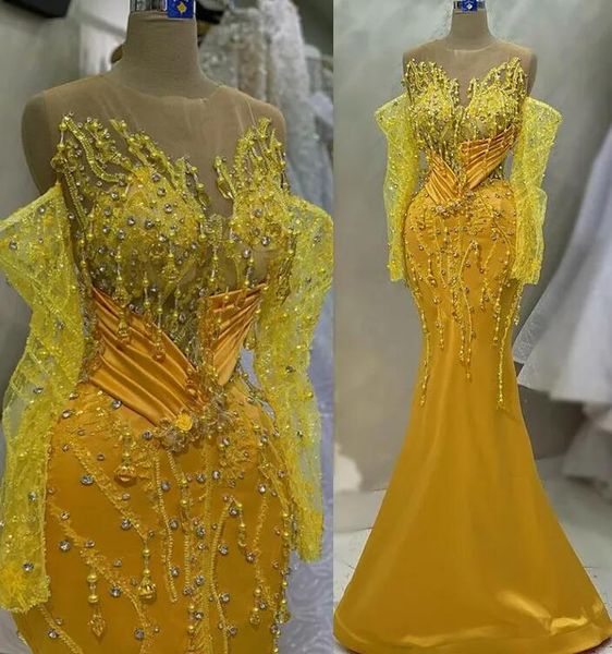 Aso Ebi Yellow Mermaid Abendkleider Sheer Neck Long Sleeve Spitze Perlen Kristall Prom Abendkleid Robe De Soiree