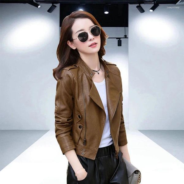 Damen Leder Frauen Kurze PU Jacke 2023 Frühling Herbst Koreanische Mode Stehen Kragen Schlank Biker Mäntel Weibliche Streetwear Motorrad Jacken