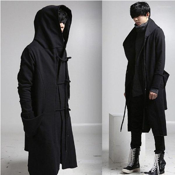 Sweats à capuche pour hommes Manteau pour hommes Automne Hiver Sweat à capuche mi-long Casual Cape Discothèque Scène Costume Grande Taille Hip-Hop Coupe-Vent Noir