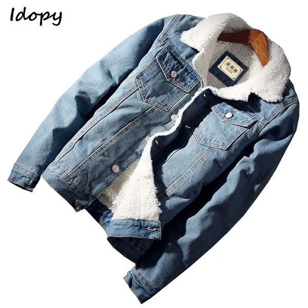 Giacche da uomo Idopy Giacca di jeans casual da uomo con fodera in pelliccia Addensare caldo cappotto in pile Jean Capispalla per uomo 231113