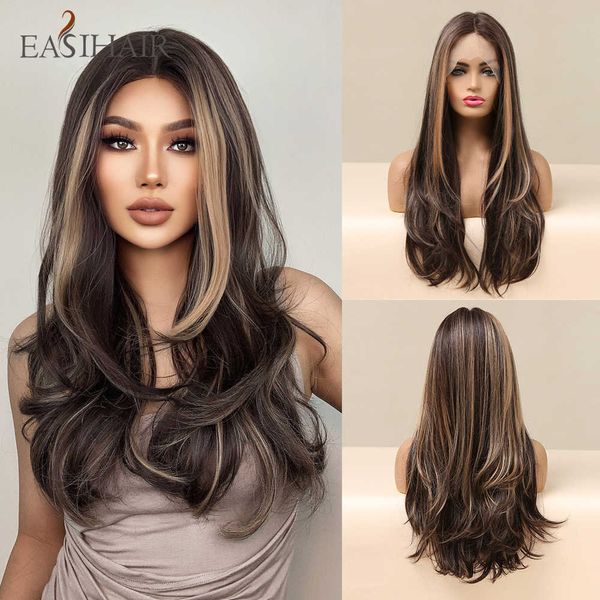 Synthetische Perücken Easihair Brown Lace Front Wig Long Wellig Blonde Highlight Naturhaar für Frauen mit Baby Frontal High Density 230227