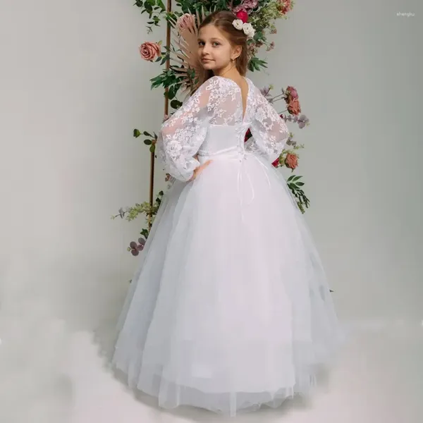 Vestidos da menina simples vestido de flor branca pérolas brilhantes miçangas para o casamento 2023 princesa a linha rendas mangas compridas primeiro vestido de comunhão