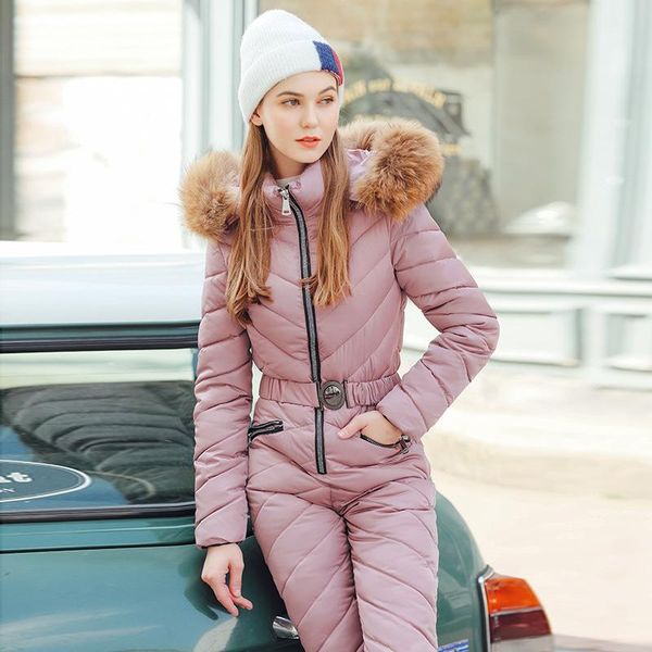 Kadın Tulumları Salpanlar Kış Pamuk Pamuk Yastıklı Kürk Kürklü Sıcak Kayak Takım Sashes Tulum Tek Parça Moda Parka Ceket Seti -20Centigradewome