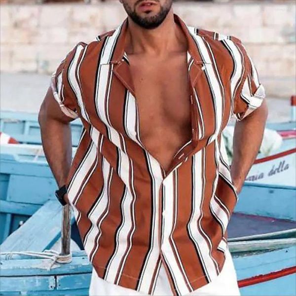 Мужские повседневные рубашки Мужская полосатая гавайская социальная мужская одежда Летняя мода Топы с коротким рукавом Хип-хоп Свободная блузка большого размера Ropa