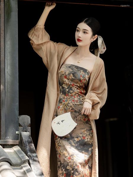 Etnische kleding Chinese Zen damesjurk Verbetering Qipao-stijl Retro olieverfschilderij BH-vest met tweedelige rokset