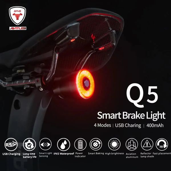 Fahrradbeleuchtung Fahrrad Smart Auto Brake Sensing Light IPx6 Wasserdichte LED-Aufladung Radfahren Rücklicht Hinten Zubehör Q5 231114