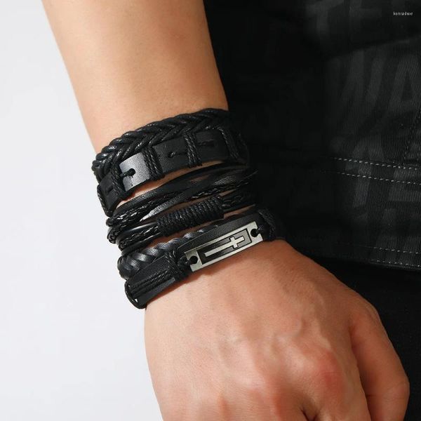 Charme pulseiras conjunto de couro preto para homens multi-camada vintage cruz acessórios masculino tecido jóias presente pulsera hombre