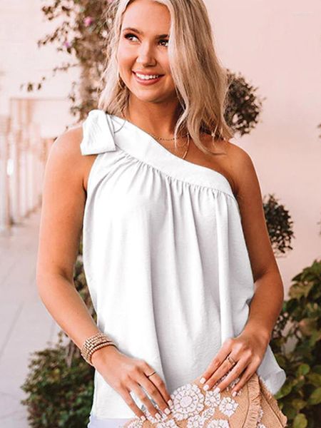 Damenblusen Mode Sommer Frau Schleife Ärmellose Bluse Lose One-Shoulder Schrägkragen Shirts Sexy Feste Falten Tops 25020