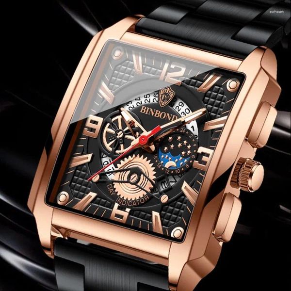 Наручные часы Binbond 6575, оптовая продажа, квадратные золотые часы для мужчин, роскошные оригинальные водонепроницаемые мужские часы из нержавеющей стали Relogio