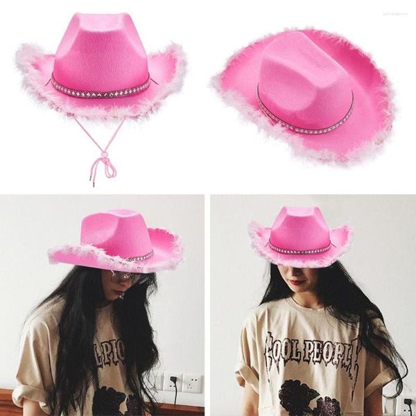 Boinas tocando Mardi Gras Rave Cowgirl Hat Dress Up Cowboy Wide Brim Pena fofa