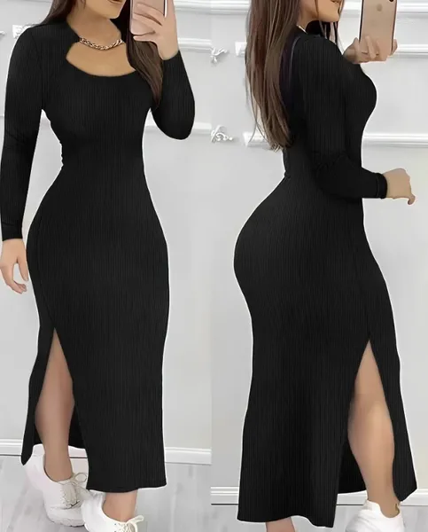 Vestidos casuais sexy feminino 2023 assimétrico pescoço manga longa corrente decoração recorte alta fenda moda maxi vestido outono roupas