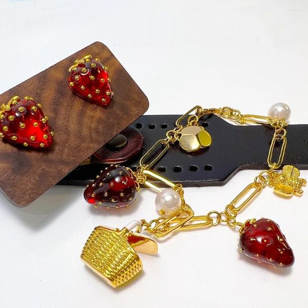 Bangle Ins Estilo Cobre Banhado A Ouro Morango Pulseira Dopamina Colar Brincos Jóias Femininas