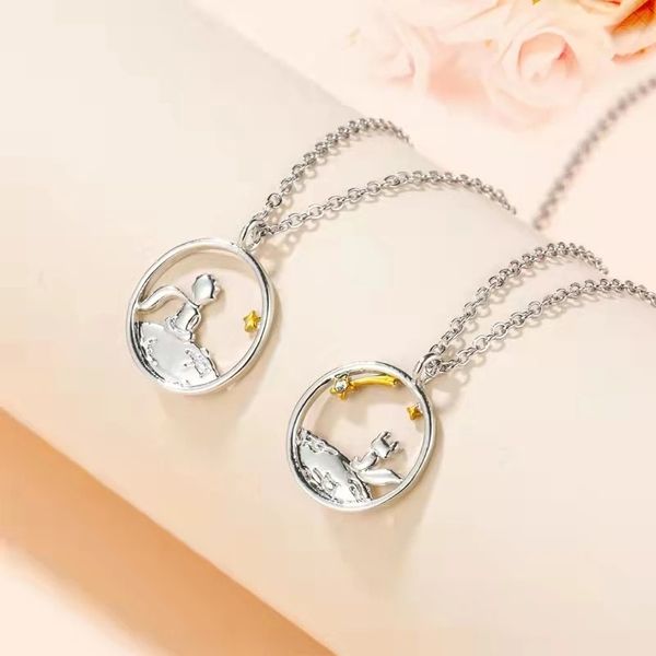 Collana classica in acciaio inossidabile con catena a clavicola, ciondolo per coppia, amore lontano, piccolo principe e coppia di volpi, regalo di compleanno