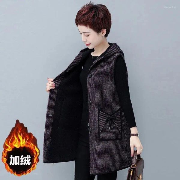 Coletes femininas malhas colete casaco mulheres outono inverno 2024 modelo mãe adicionar veludo sem mangas jaqueta longa com capuz senhoras cardigan top