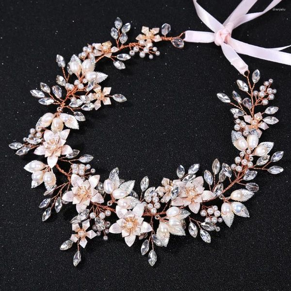 Haarspangen Rose Gold Farbe Blume Haarband Kristall Hochzeit Tiara Stirnband Frauen Kopfschmuck Braut Zubehör