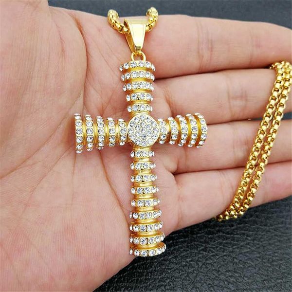 Подвесные ожерелья Винтажное христианское Иисус Крест подвесной ожерелье для мужчин Золотое цвет из нержавеющей стали заманивало полные стразы