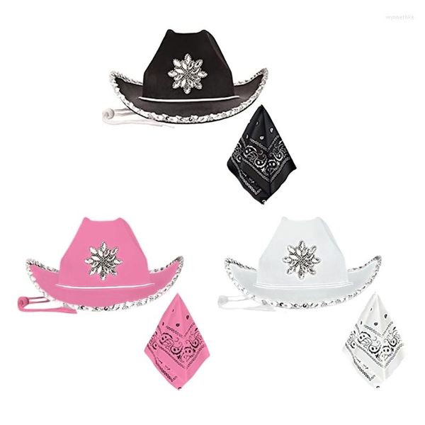 Boinas chapéus de cowboy shinestones lantejoulas de verão sunhat ocidental hat and bandana cenário de fantasia de figurino