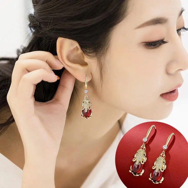 Dangle Küpeler Gerçek 925 STERLING Gümüş Ruby Drop Küpe Kadınlar 14K Gül Altın Dolgulu AROS MUJER OREJA NEWELRY ORECCHINI