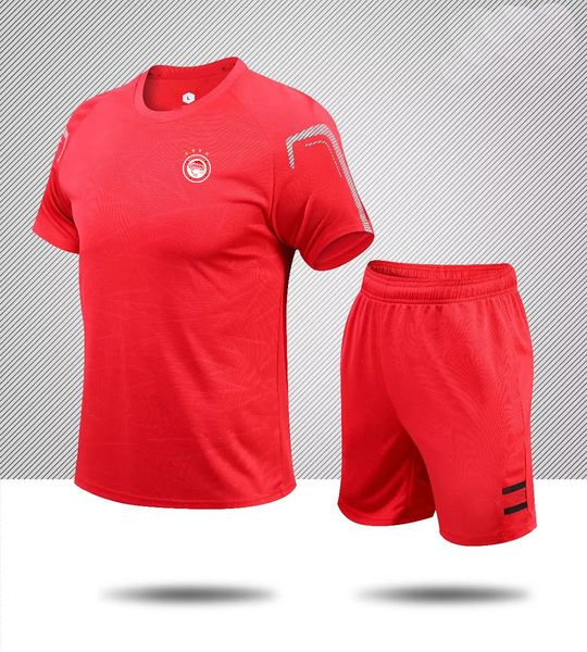 Olympiacos Erkek Trailtsits Giyim Yaz Kısa Kollu Eğlence Spor Giyim Jogging Saf Pamuk Nefes Alabilir Gömlek