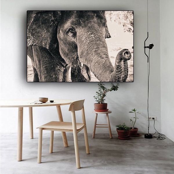 Leinwand Gemälde Schwarz und Weiß Wilde Elefanten Kopf und Augen Tiere Poster und Drucke Cuadros Wandkunst Bild für Wohnzimmer KEIN RAHMEN