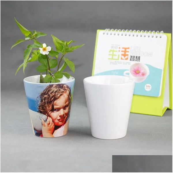 Plantadores Potes 12oz Sublimação Cerâmica Vasos de Flores Imprensa de Calor Branco Graden Gome Decoração Planta Pot Drop Delivery Home Jardim Pátio Dhygb