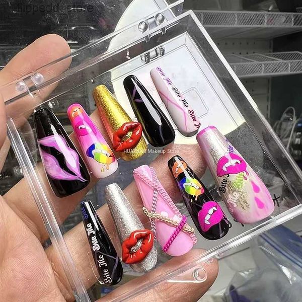 Unghie finte fatte a mano Y2K Lunga bara Unghie finte Consigli Natale Nail Art Glitter Strass Stampa sulle unghie Riutilizzabile Unghie finte con colla Regalo Q231114