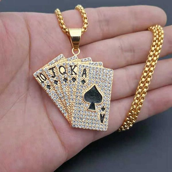 Kolye Kolyeler Hiphop Buzlu Out Oyun Kartı Düz ​​Floş Kolye Paslanmaz Çelik Zincir Erkek Poker Kolye Altın Takı Dropshipping T230413