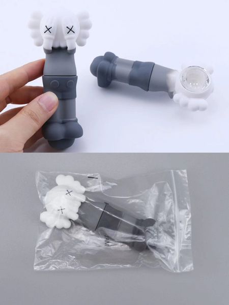 Tubi a mano in vetro stile carino con ciotola di vetro Strumento per tamponare la cera Bong in silicone Rig per olio 420 per tubi per fumatori con cucchiaio grigio e bianco per erbe secche per tabacco