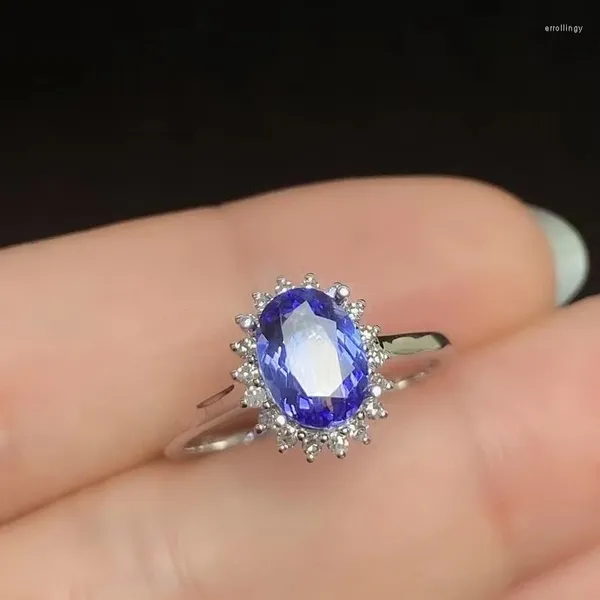 Küme halkaları klasik 18K altın nişan yüzüğü kadın için 2.3 gram 0.8ct 6 8mm doğal tanzanit gerçek mücevher