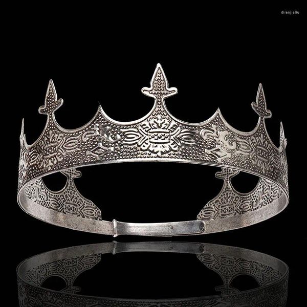 Grampos de cabelo Barroco Vintage Royal Black King Crown para homens Diadema Full Round Metal Tiaras e Crowns Prom Party Costume Acessórios