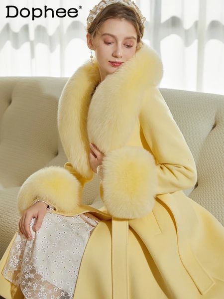 Mulheres misturas de lã ganso amarelo dupla face cashmere casaco feminino outono inverno fino ajuste grande balanço de comprimento médio lã casaco de pele real feminino 231113