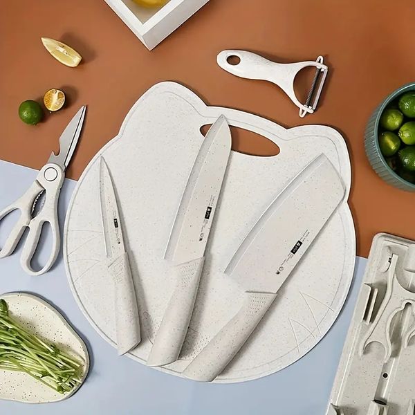 Coltello da cucina e tagliere Set di coltelli per integratori per alimenti per bambini due in uno Coltello da cucina per affettare Utensili da cucina per la casa Tagliere Set completo A