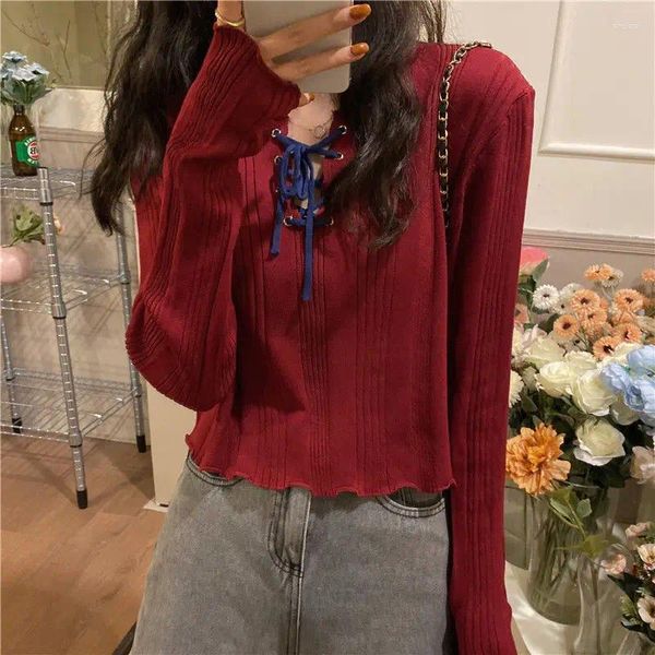 Damen Strick Rot Frühling Herbst Japan Bandage Strickjacken Langarm Pullover Lose Mantel Lässige Tuch Mädchen Jacke V-Ausschnitt Tops Kleidung für Frauen