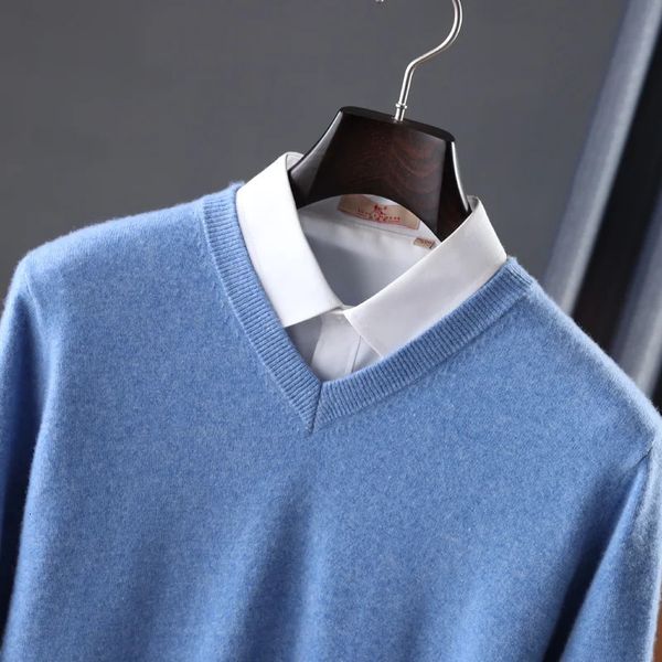 Camisolas masculinas 100 pura lã australiana tricô pullovers inverno manga longa vneck cor sólida jumpers masculino roupas de lã 231113