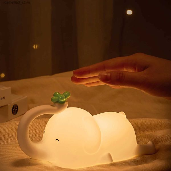 Luzes da noite Crianças Silicone Night Light Cute Elephant Baby Dimmable Timed Sleeping Night Lamp para cabeceira Quarto Decoração Presente Aniversário Q231114