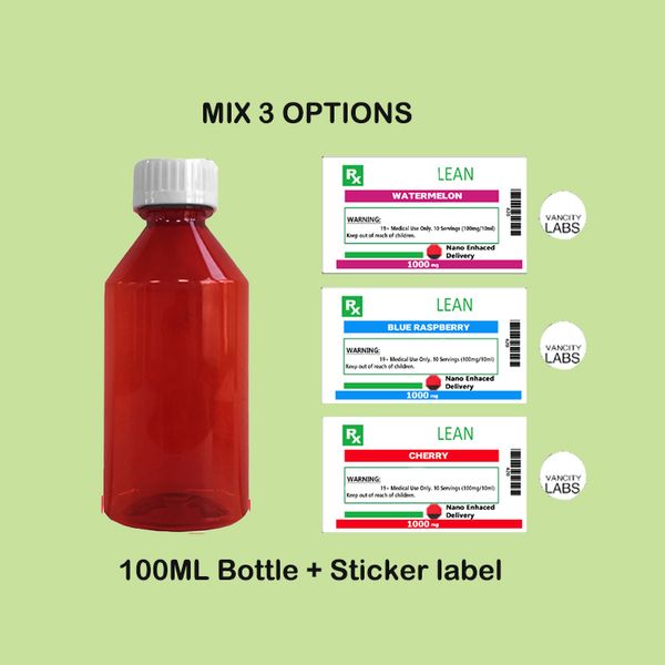 Confezione vuota di bottiglie di plastica con sciroppo infuso di Vancity Labs da 1000 mg Coperchi a prova di bambino 3 Etichette adesive di design
