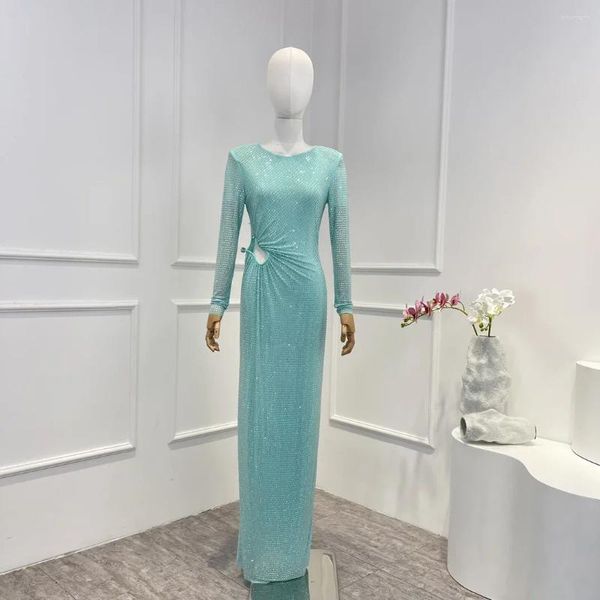 Lässige Kleider 2023 Hellblau Frühling Sommer Hohe Qualität Volle Hülse Diamanten Ausgeschnittene Taille Frau Elegantes Langes Kleid Für Party