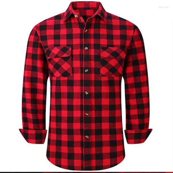 Camisas casuais masculinas tamanho americano flanela outono/inverno camisa de mangas compridas negócios não-passar xadrez vermelha mais roupa social