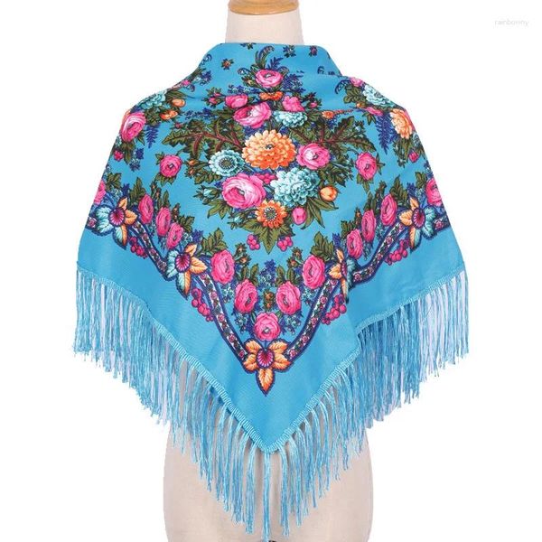 Sciarpe 90/90 cm Donna Motivo floreale russo Sciarpa quadrata Retro Scialle con frange etniche Lady Bandana Avvolge la testa Coperta Scialli da viaggio