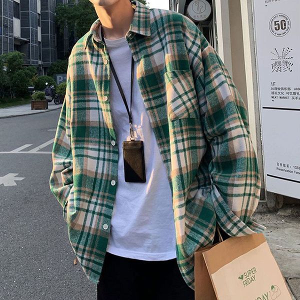 Camisa xadrez de lã verde casaco solto coreano grosso manga comprida masculina blusas casuais unissex roupas da moda