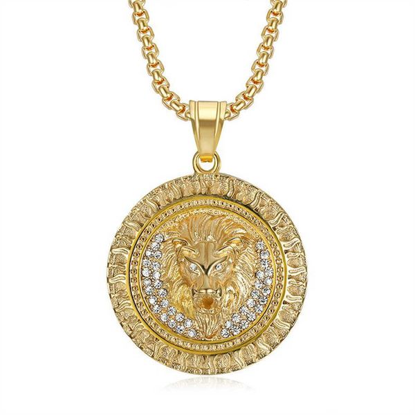 Pendant Necklaces Hip Hop Iced Out Lion Head Pendant Chains For Men Gold Color Stainless Steel Animal Necklaces Male Bling Jewelry Dropshipping T230413