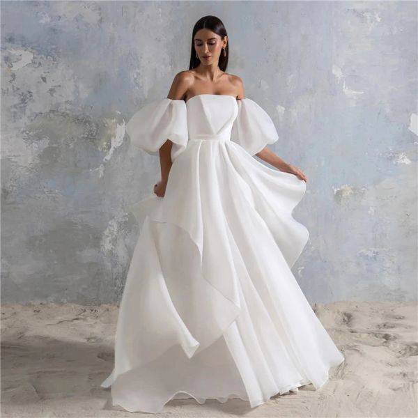 Elegante longo sem alças chiffon vestidos de casamento mangas inchadas uma linha varredura trem vestidos de noiva para mulher